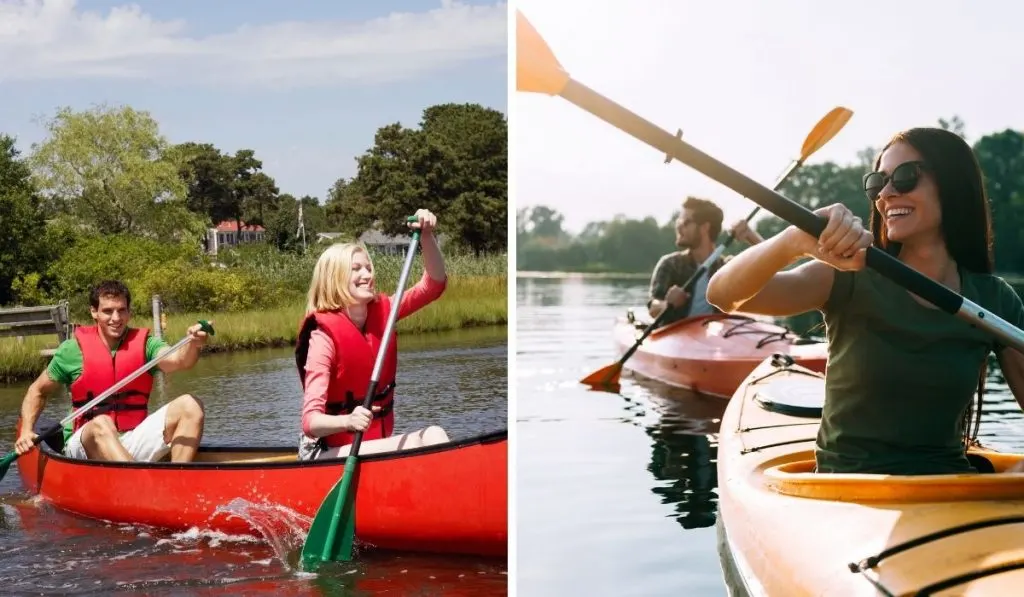 collage of a couple enjoying canoeing and kayaking
