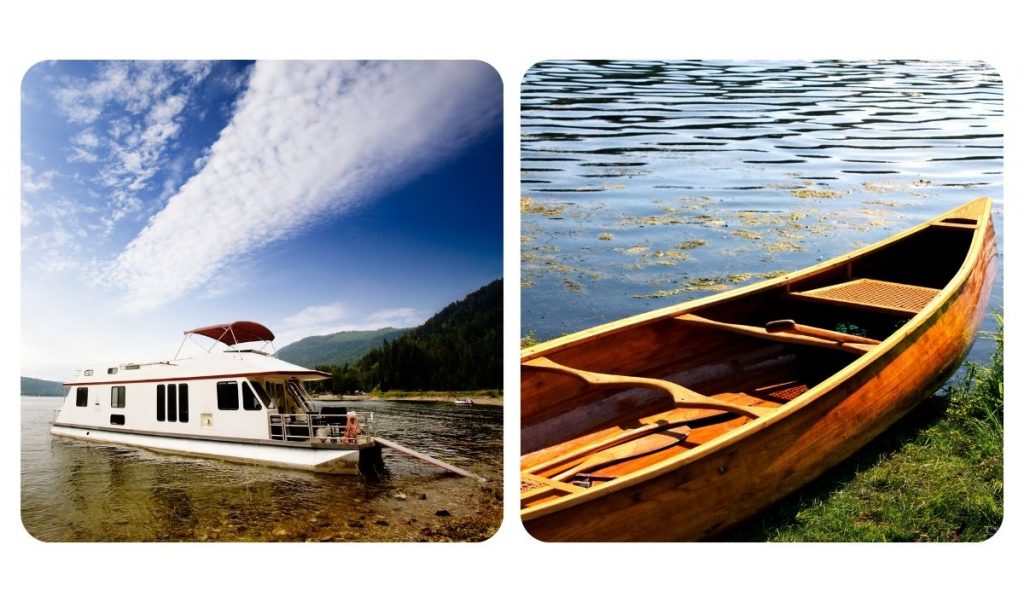 picture of a house boat and canoe side by side