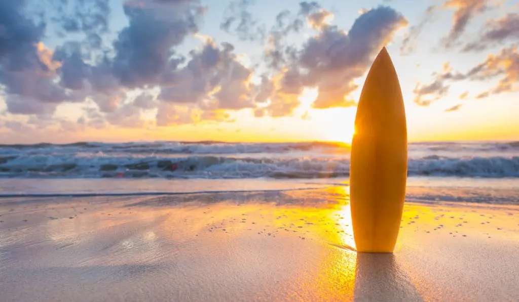 surfboard-on-the-beach-at-sunset 