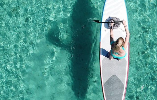 Aerial drone top view of woman paddling on a stand up paddle board in tropical turquoise clear sea - ss220924
