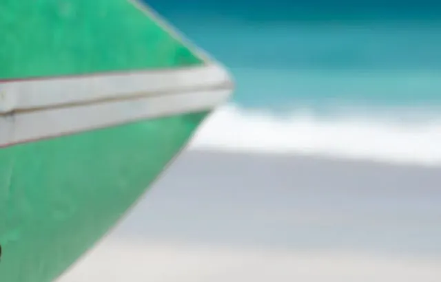 Side view of a man holding a green surfboard with blue sky and sea in the background - ee220919