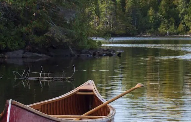 Red wooden canoe on the shore f a lake - ee221129