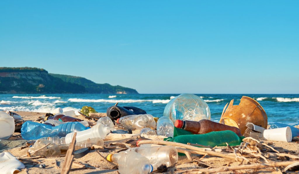 spoiled garbage on the beach, ocean pollution concept