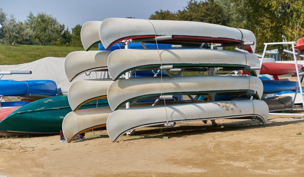 Canoes and kayaks stored at a renting place