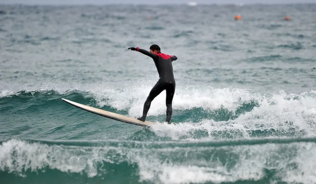 Korean winter surfer on his gunboard at buheung-ri beach in South Korea