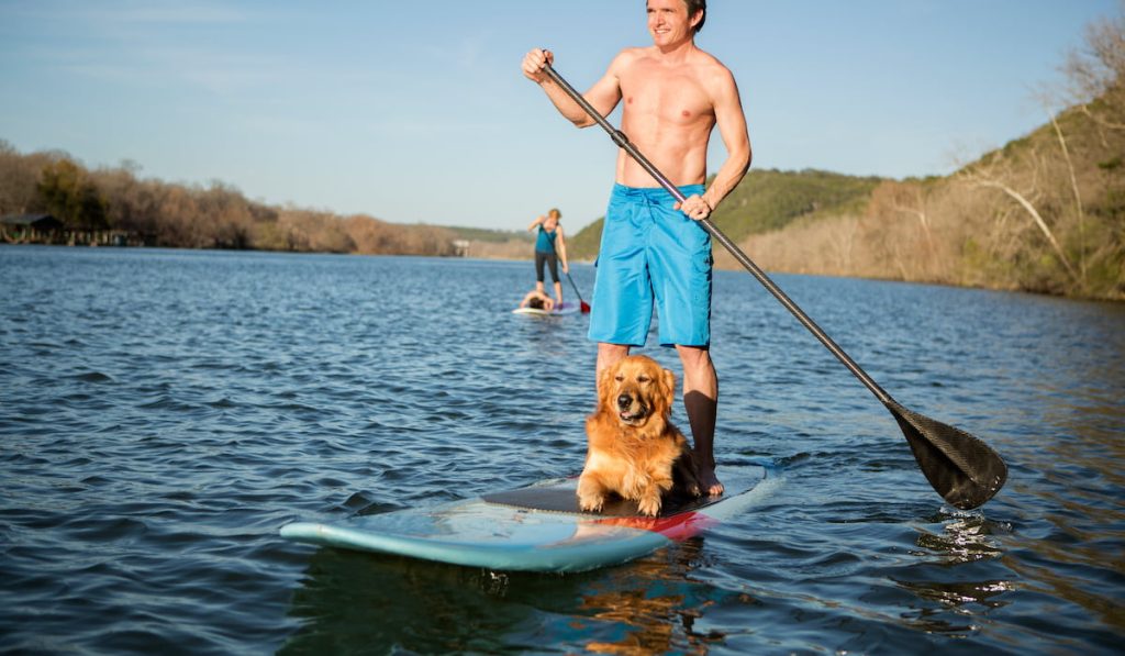 man standing on a paddleboard with a dog 