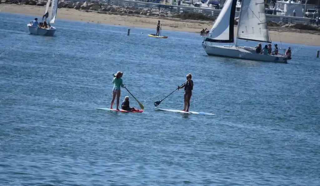 family paddle boarders on the beach